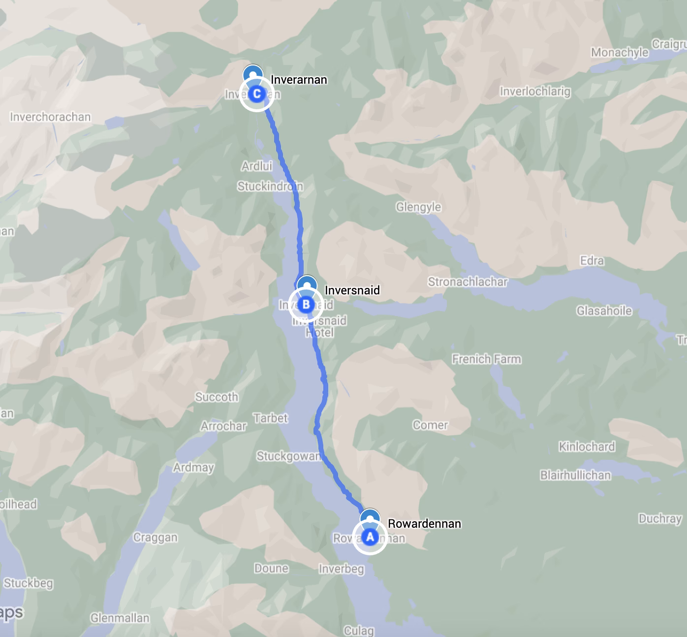 The route of day 3 of the West Highland Way hike in Scotland from Rowardennan to Inverarnan